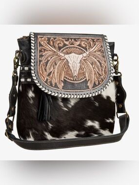 Myra Bag Spirit of the Herd Hand-tooled Leather and Hairon Boho Western Purse